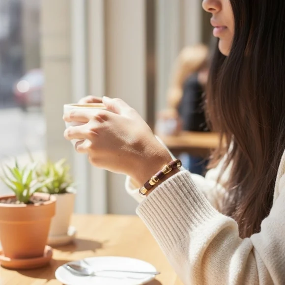Bamboo Motif Cuff Bracelet with Leather Detailing - Picture 2 of 9